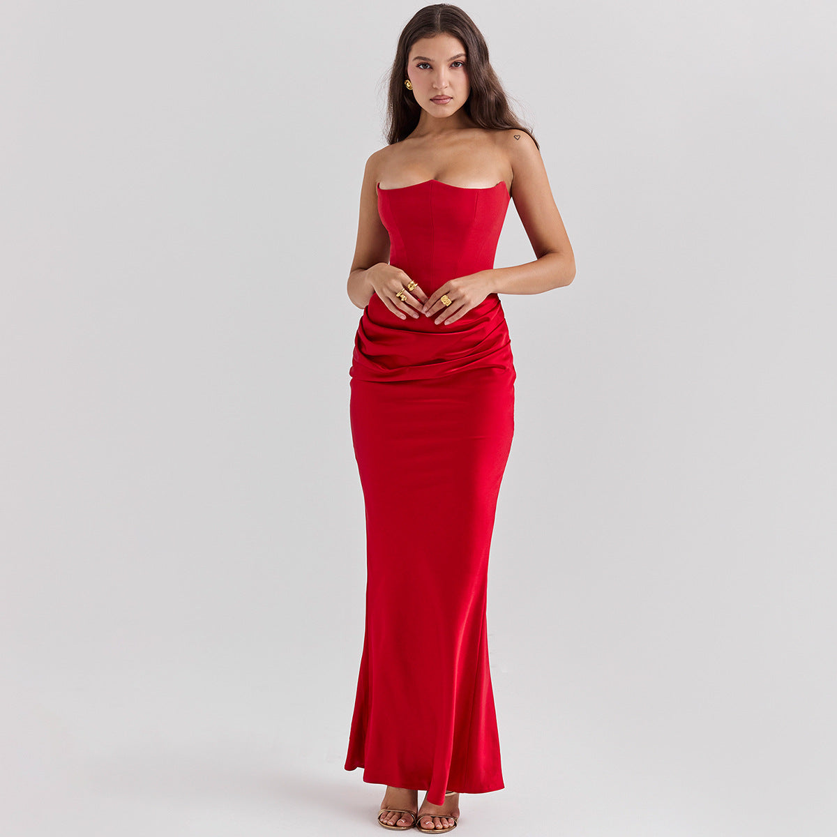 Elegancka Suknia Wieczorowa Damska Bez Ramiączek Z Odkrytymi Plecami