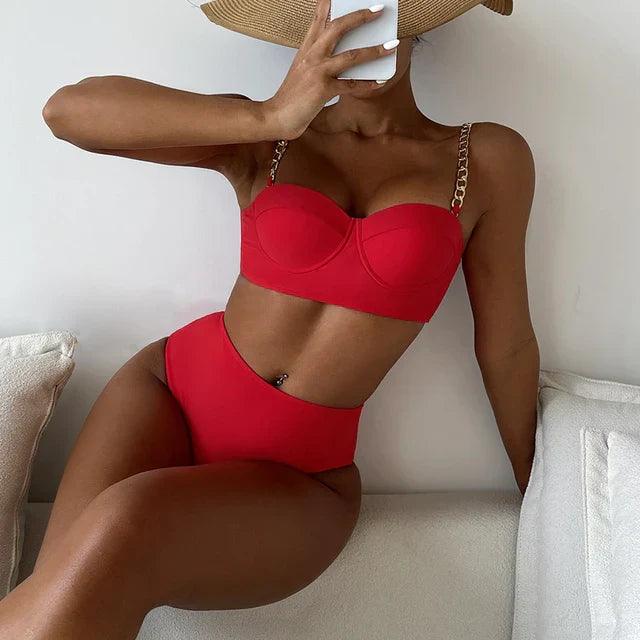 Bikini Damskie Push-Up Z Wysokim Stanem | Łańcuszkowe Ramiączka