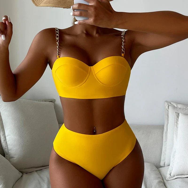 Bikini Damskie Push-Up Z Wysokim Stanem | Łańcuszkowe Ramiączka