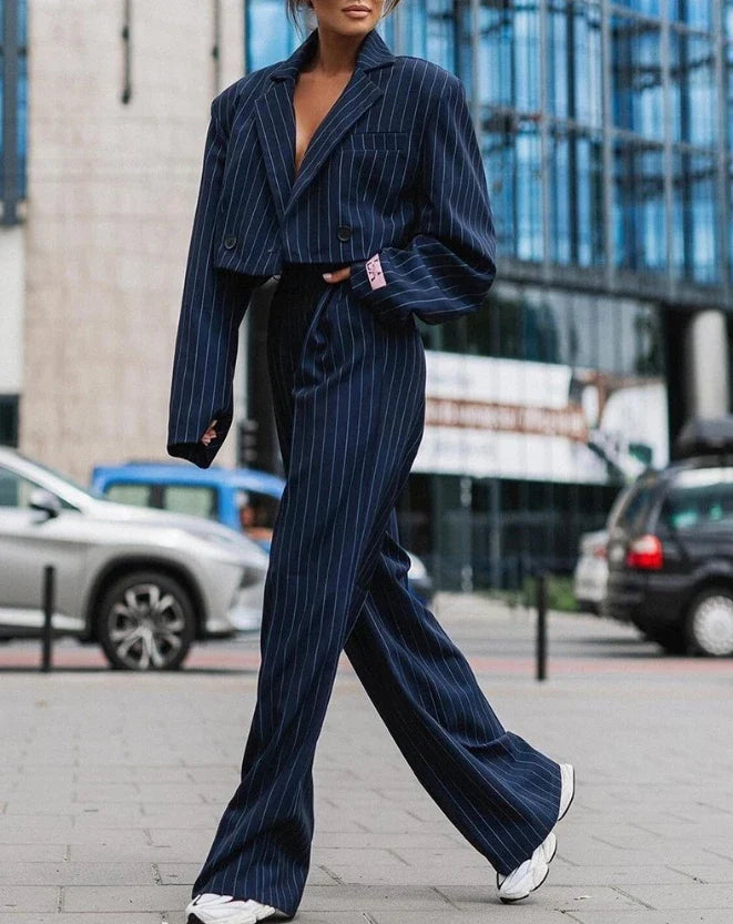 Damski Garnitur W Paski Z Żakietem I Spodniami | Elegancki Look