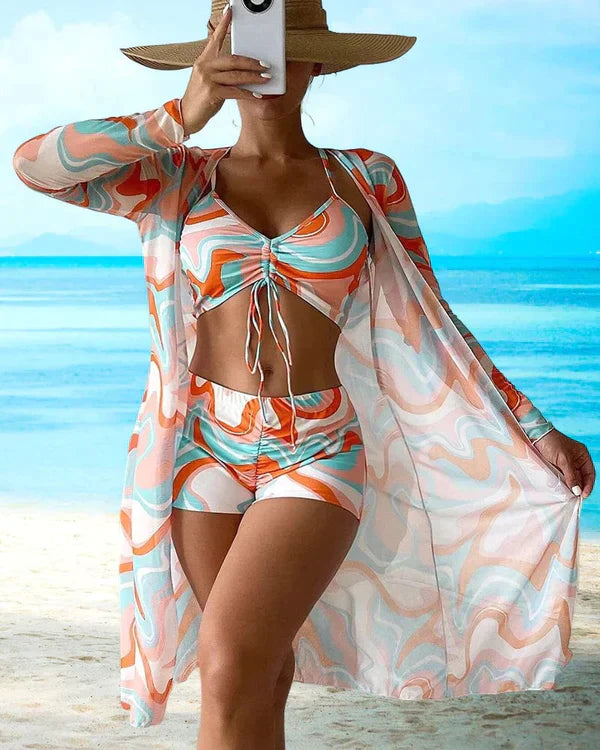 Czarujący 3‑Częściowy Zestaw Bikini Kwiatowy | Modne Stroje Kąpielowe