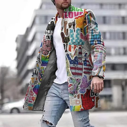 Męski Modny Płaszcz Z Grafiką | Długi Stylowy Krój
