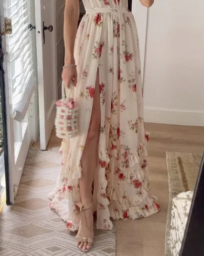 Damska Koronkowa Sukienka Midi W Kwiaty | Elegancka Na Wieczór
