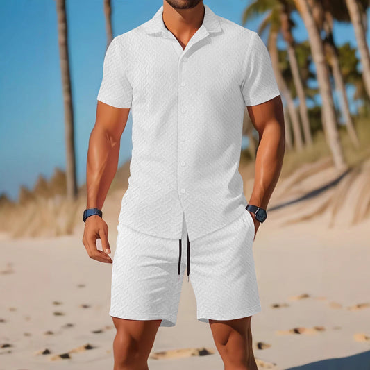 Męski Zestaw Koszula I Szorty | Slim Fit Z Tłoczonym Wzorem