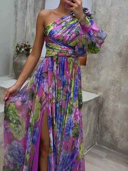 Seksowna Maxi Sukienka Z Rozcięciem I Jednym Rękawem | Lila Look