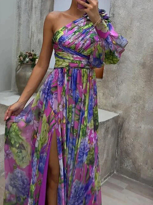 Seksowna Maxi Sukienka Z Rozcięciem I Jednym Rękawem | Lila Look