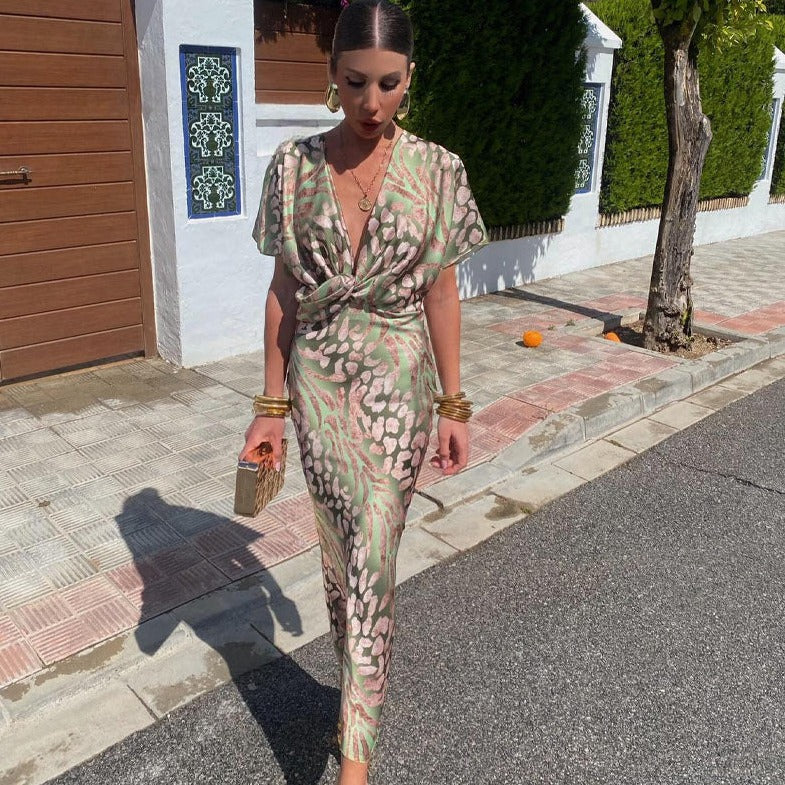 Elegancka Damska Sukienka Maxi Kopertowa Z Dekoltem W Serek Na Lato