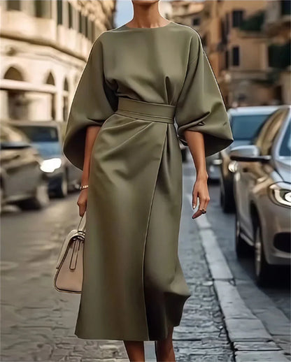 Elegancka Damska Sukienka Midi  Z Paskiem I Rękawem Dzwonek